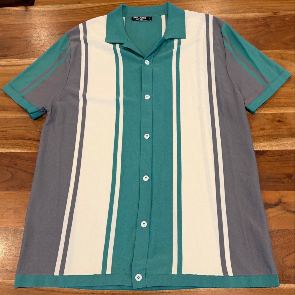 Paul Jones Mens XL Knit Button Down Shirt Teal Grey White Vertical Stripe Retro